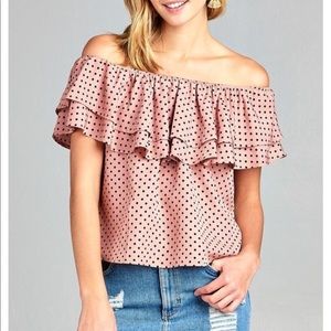 Women’s rose polkadot on/off shoulder shirt.